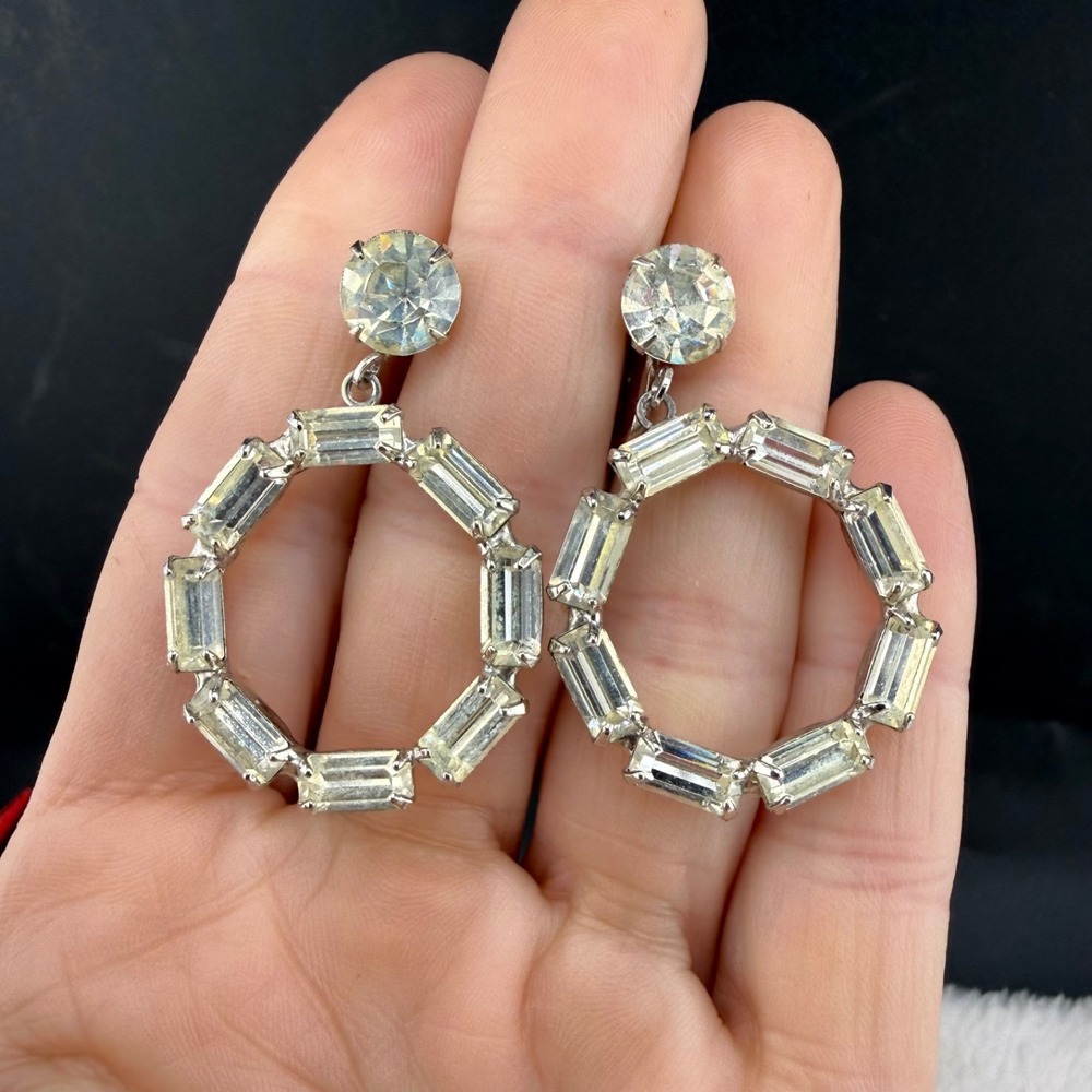 Vintage Estate Dangle Earrings Silver Rhinestone Baguette Screw Back 1.5"
